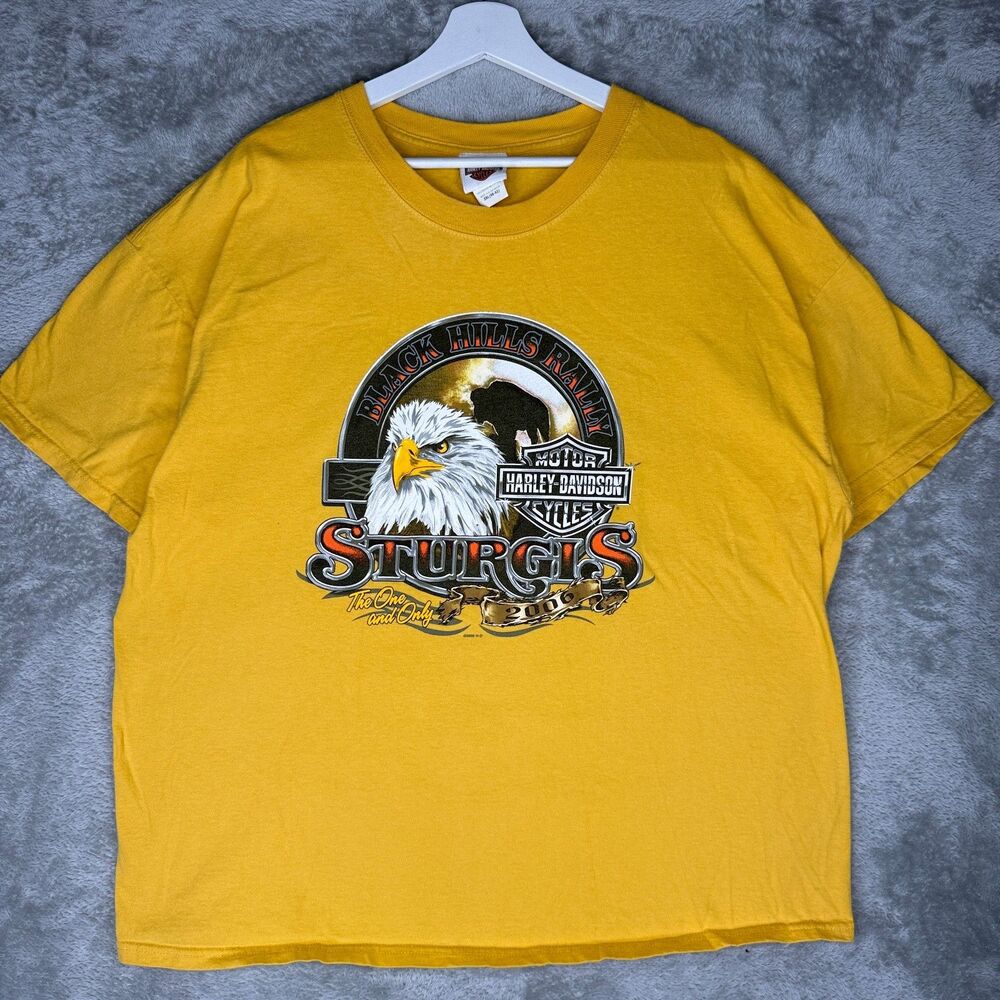 Vtg Harley Davidson T-Shirt Men 2XL Sturgis Black Hills Rally 2006 Yellow Eagle